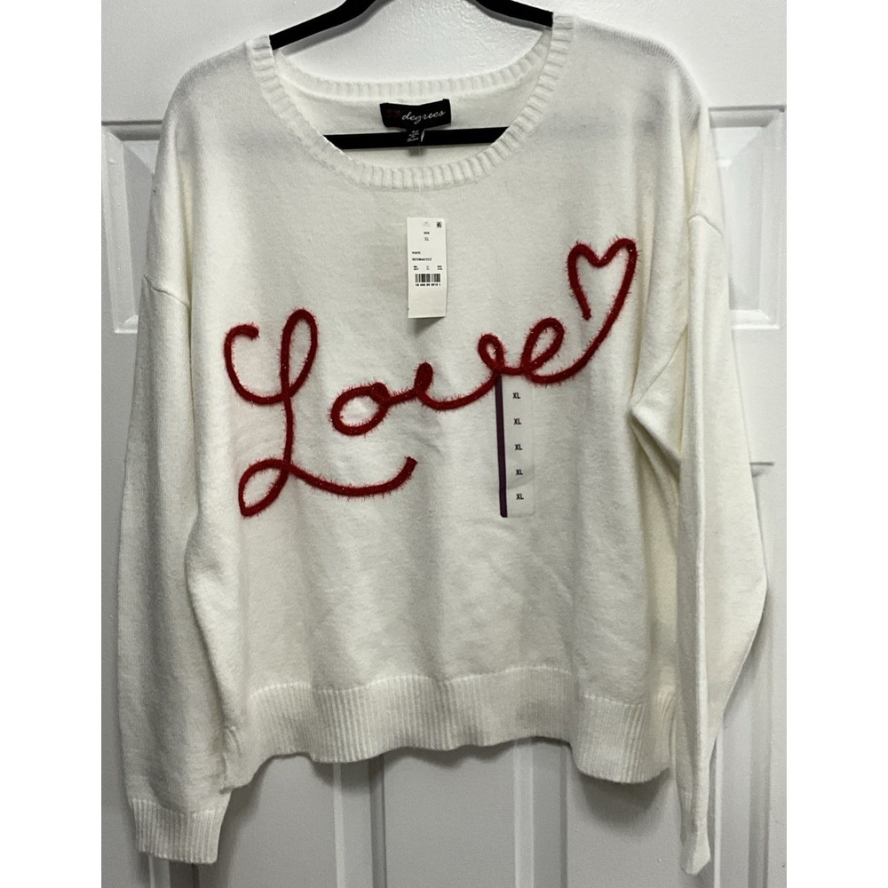 33 Degrees White Pullover Sweater Red Love Design Women's XL